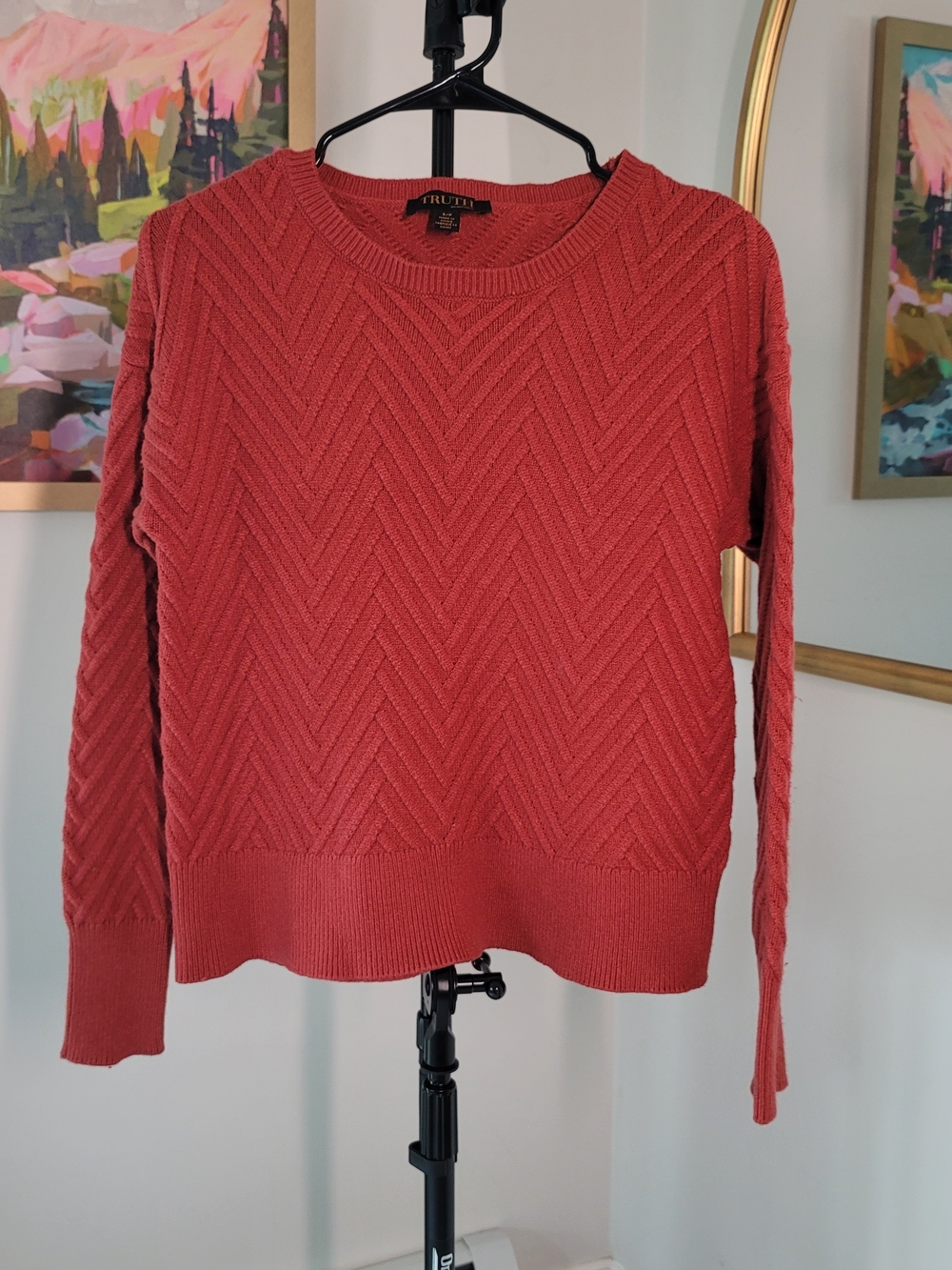 TRUTH by Republic Chevron Textured Crew Neck Pullover Sweater Rust Women's Small